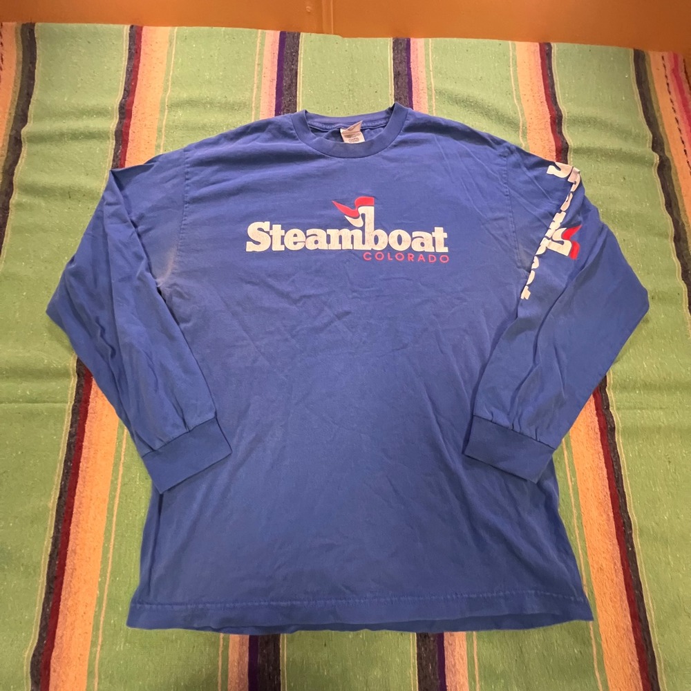Vintage Steamboat Colorado T-Shirt Mens Large Blue Long Sleeve Graphic Ski Tee